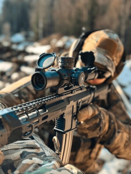 Álcázott lövész, aki a Vortex Optics távcsövön keresztül céloz egy precíziós mesterlövészpuskával. Fotó: Rigad