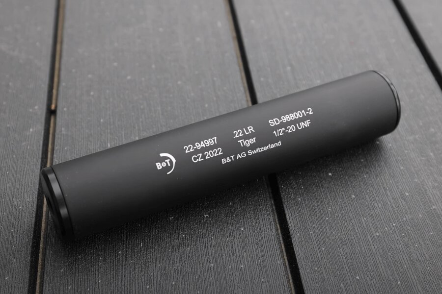 Tiger HP 22 zajtlós B&T 22 LR kaliberű hangtompító 1/2"-28 menettel. Forrás: Rigad