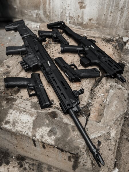 Két CZ Scorpion EVO 3 géppisztoly pisztolyokkal ipari környezetben